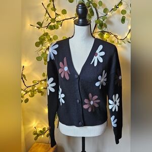 Laundry by Shelli Segal blackFlower V-Neck medium cardigan Sweater long sleeve
